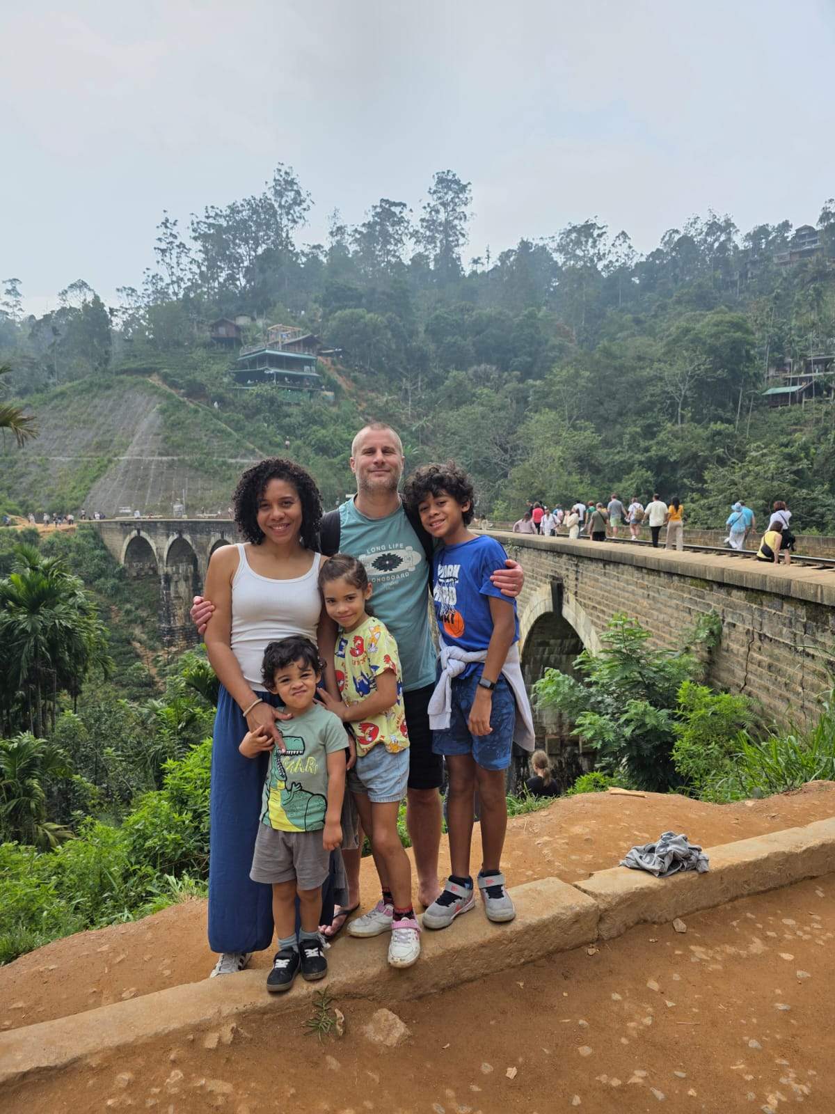 Panoramic aerial view of the Nine Arch Bridge surrounded by lush tea plantations in Ella